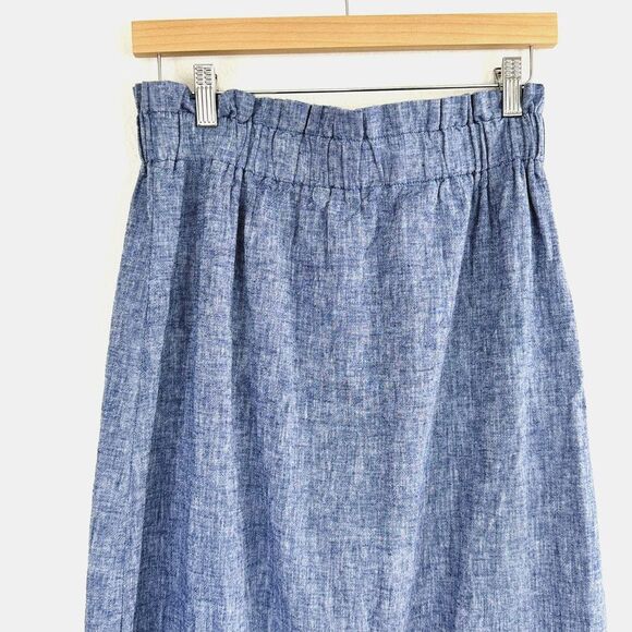 Express Skirt Size S Maxi Chambray Linen Skirt Blue Front Slit‎ Elastic Pull On - Picture 5 of 10